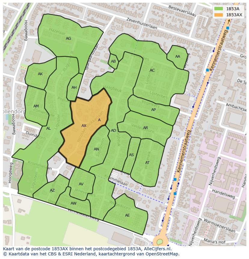 Afbeelding van het postcodegebied 1853 AX op de kaart.