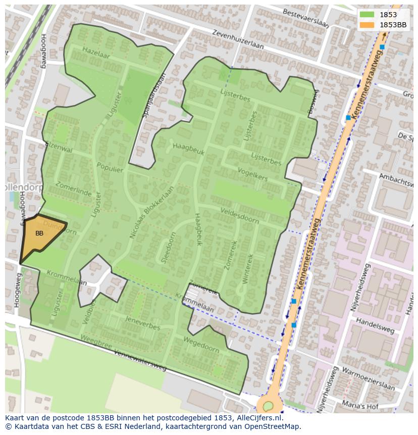 Afbeelding van het postcodegebied 1853 BB op de kaart.