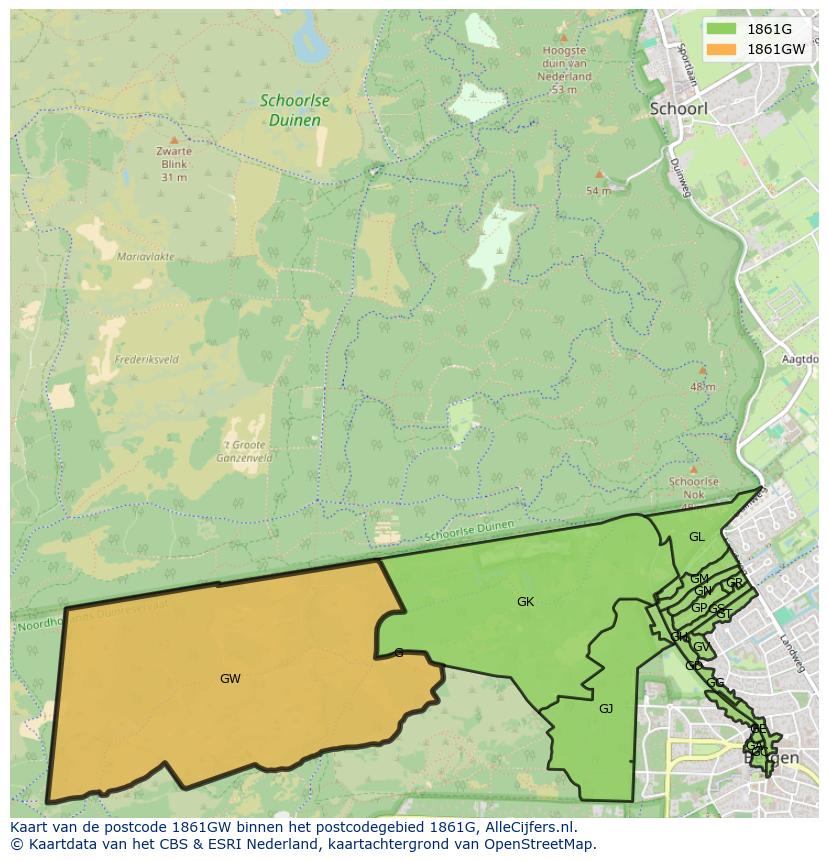 Afbeelding van het postcodegebied 1861 GW op de kaart.