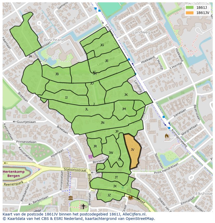 Afbeelding van het postcodegebied 1861 JV op de kaart.