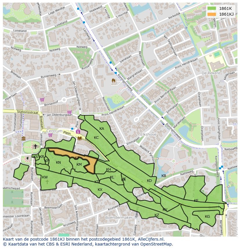 Afbeelding van het postcodegebied 1861 KJ op de kaart.