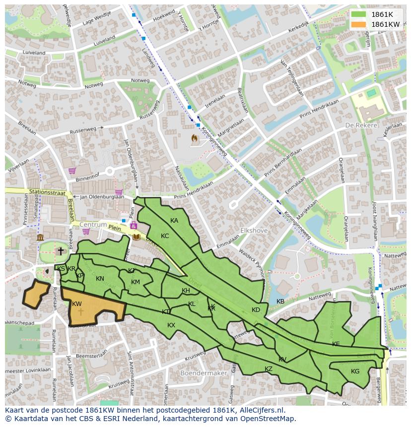 Afbeelding van het postcodegebied 1861 KW op de kaart.