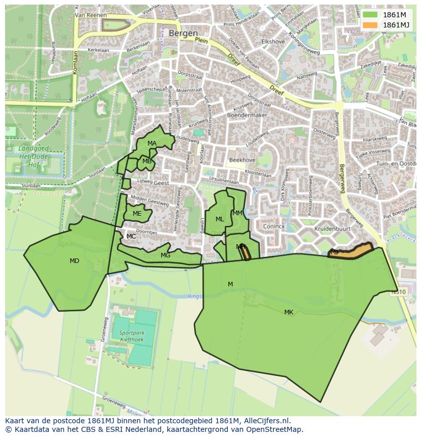 Afbeelding van het postcodegebied 1861 MJ op de kaart.