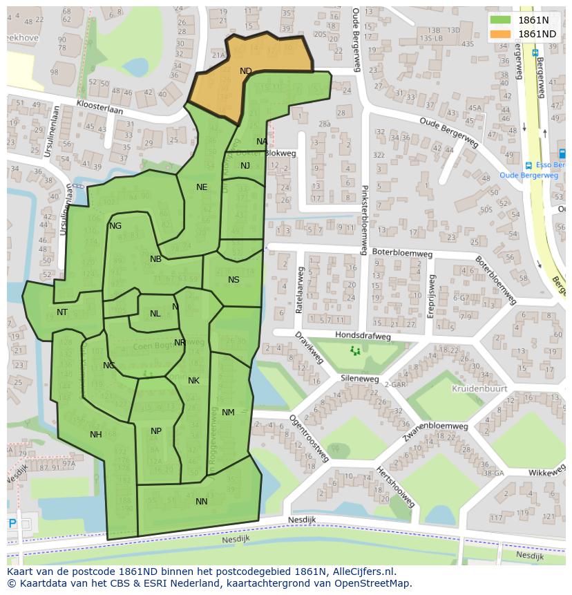 Afbeelding van het postcodegebied 1861 ND op de kaart.