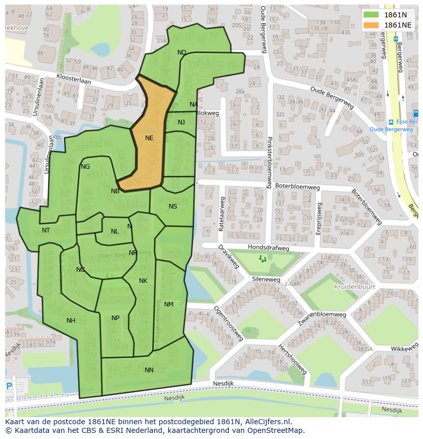 Afbeelding van het postcodegebied 1861 NE op de kaart.