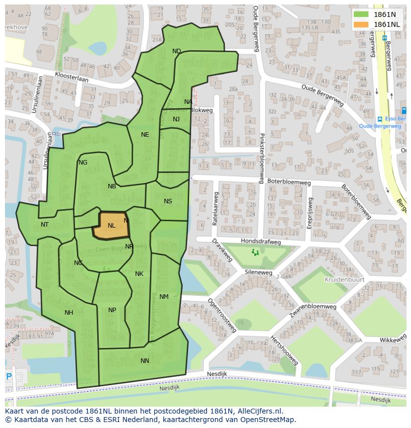 Afbeelding van het postcodegebied 1861 NL op de kaart.