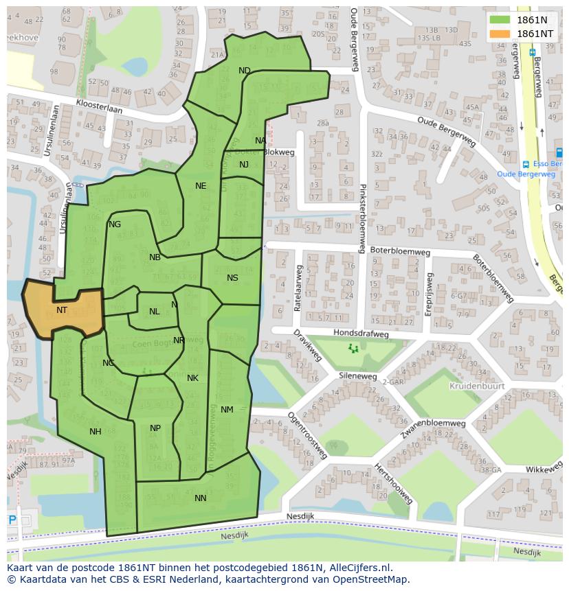 Afbeelding van het postcodegebied 1861 NT op de kaart.