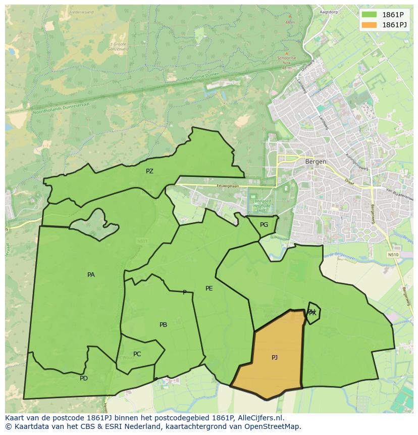 Afbeelding van het postcodegebied 1861 PJ op de kaart.