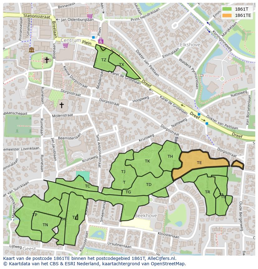 Afbeelding van het postcodegebied 1861 TE op de kaart.
