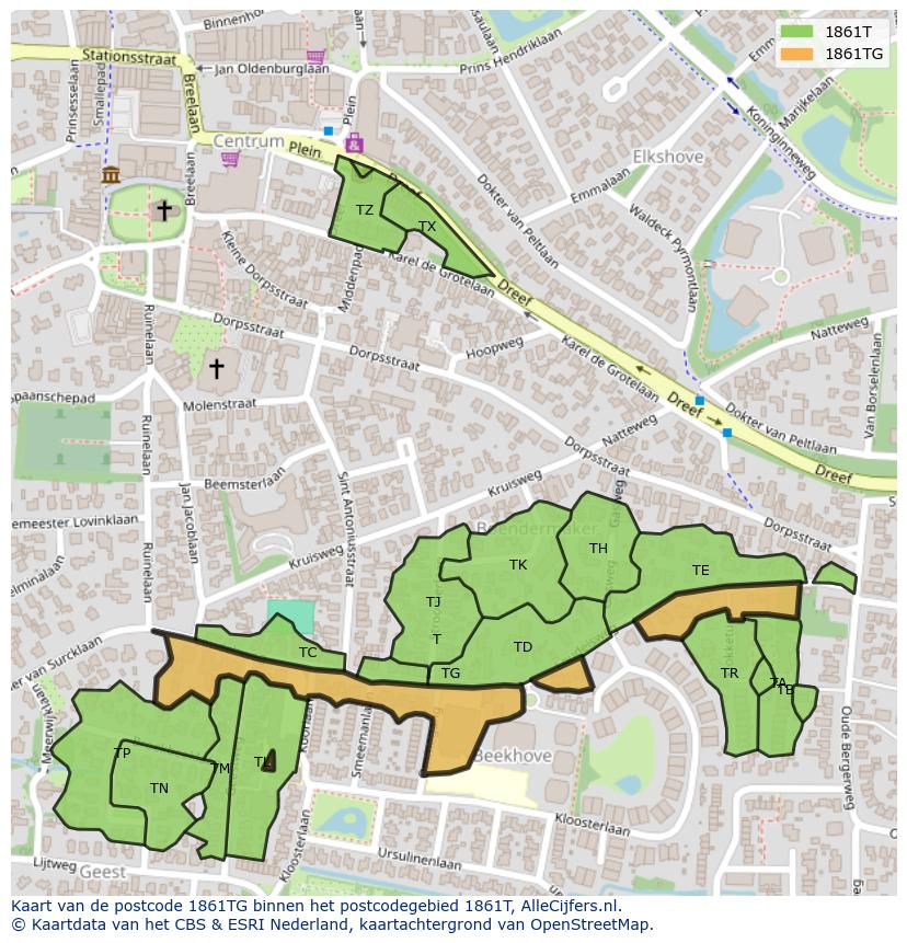 Afbeelding van het postcodegebied 1861 TG op de kaart.
