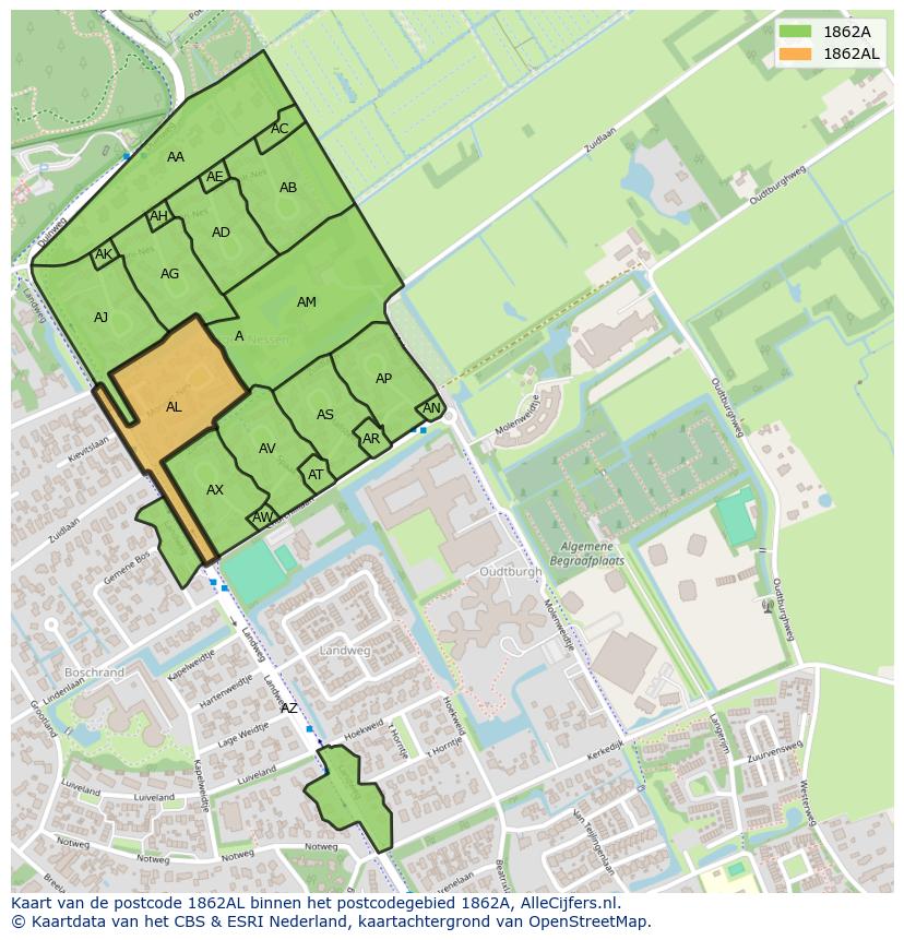 Afbeelding van het postcodegebied 1862 AL op de kaart.
