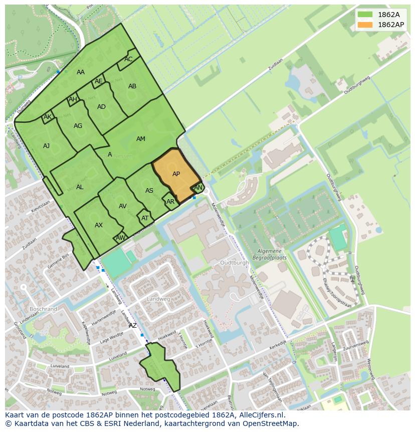 Afbeelding van het postcodegebied 1862 AP op de kaart.