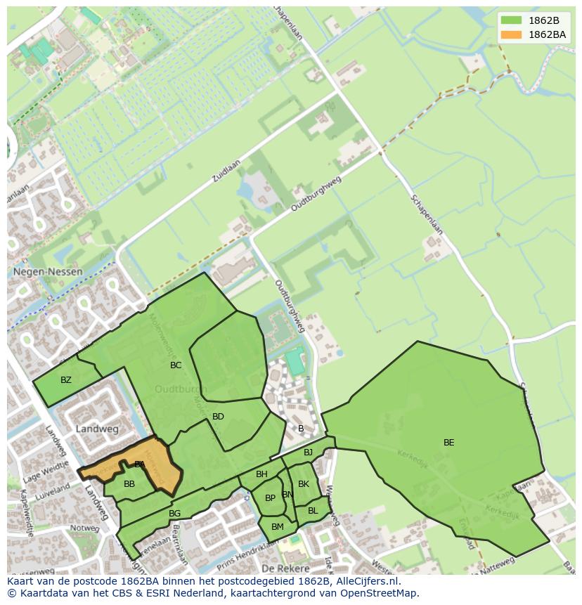 Afbeelding van het postcodegebied 1862 BA op de kaart.