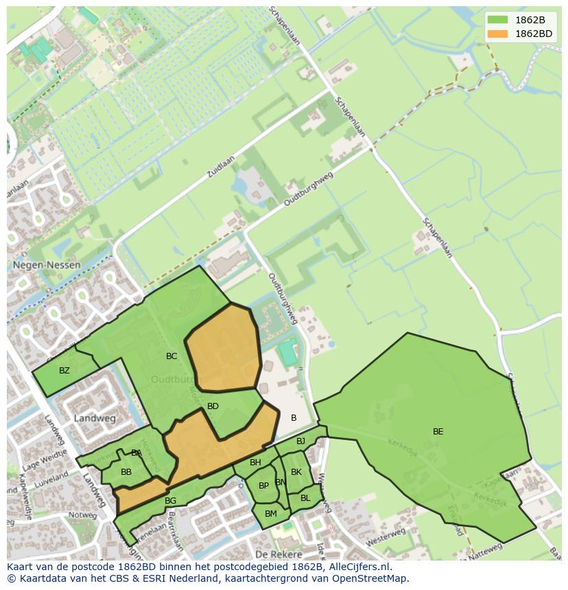 Afbeelding van het postcodegebied 1862 BD op de kaart.