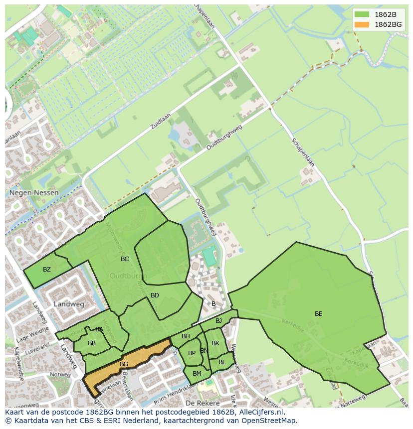 Afbeelding van het postcodegebied 1862 BG op de kaart.