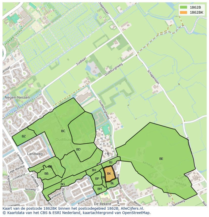 Afbeelding van het postcodegebied 1862 BK op de kaart.