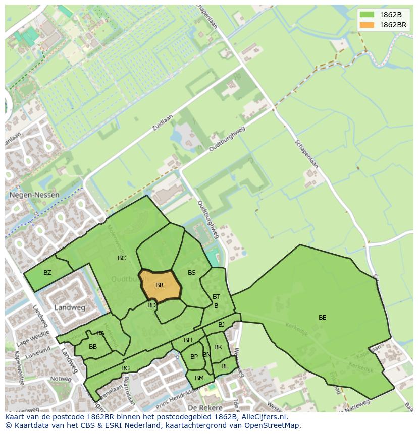 Afbeelding van het postcodegebied 1862 BR op de kaart.