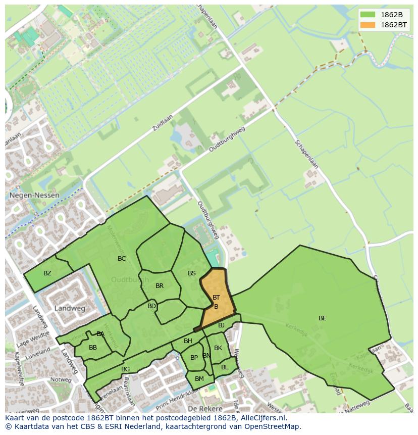 Afbeelding van het postcodegebied 1862 BT op de kaart.