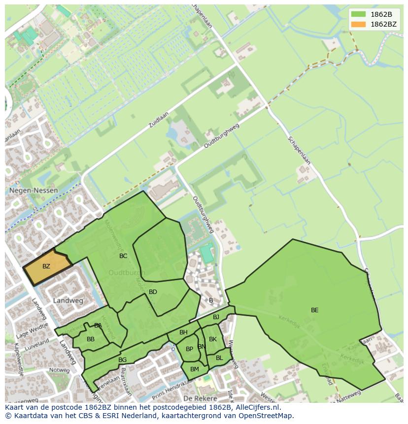 Afbeelding van het postcodegebied 1862 BZ op de kaart.