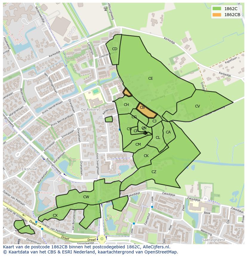 Afbeelding van het postcodegebied 1862 CB op de kaart.