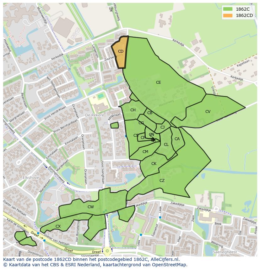 Afbeelding van het postcodegebied 1862 CD op de kaart.