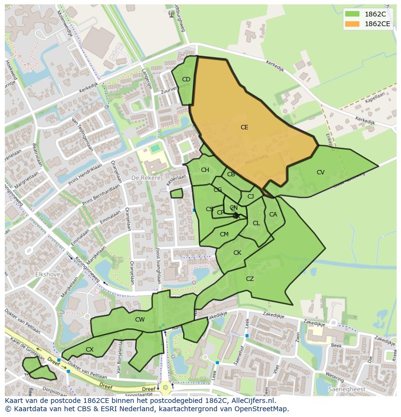 Afbeelding van het postcodegebied 1862 CE op de kaart.