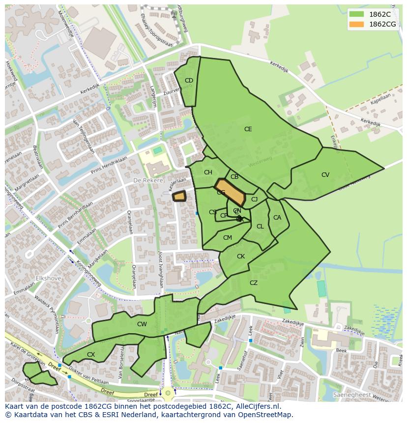 Afbeelding van het postcodegebied 1862 CG op de kaart.