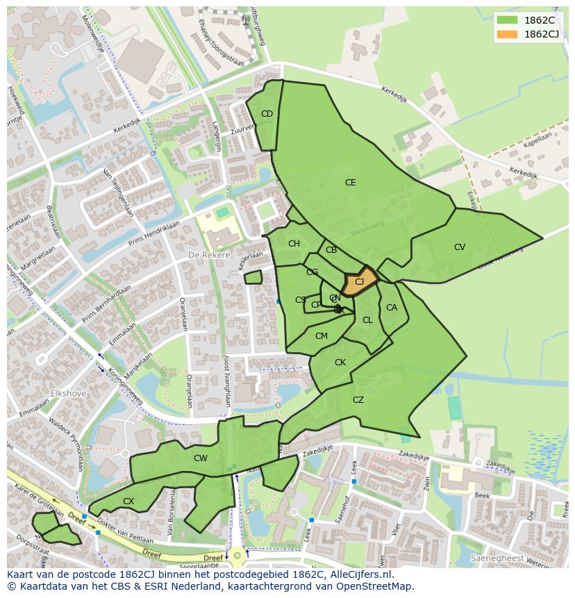 Afbeelding van het postcodegebied 1862 CJ op de kaart.