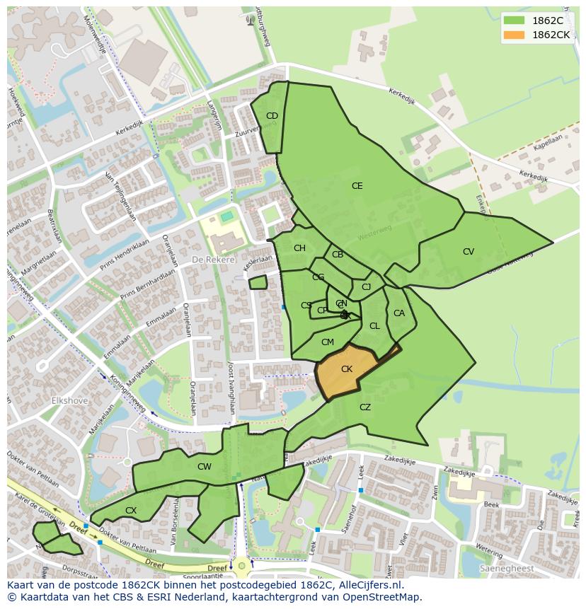 Afbeelding van het postcodegebied 1862 CK op de kaart.
