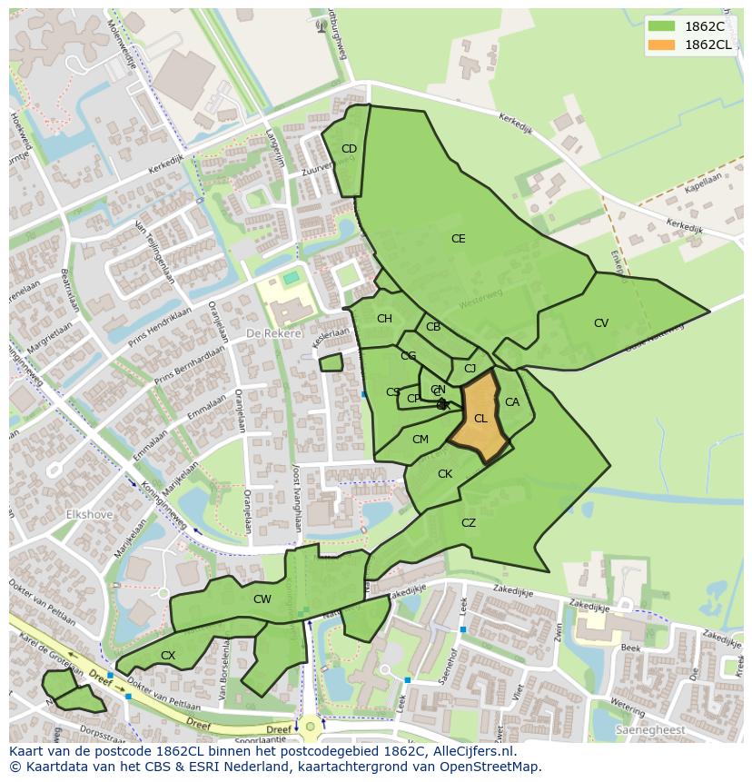 Afbeelding van het postcodegebied 1862 CL op de kaart.
