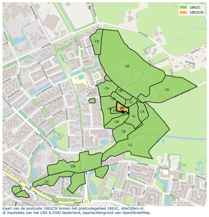 Afbeelding van het postcodegebied 1862 CN op de kaart.