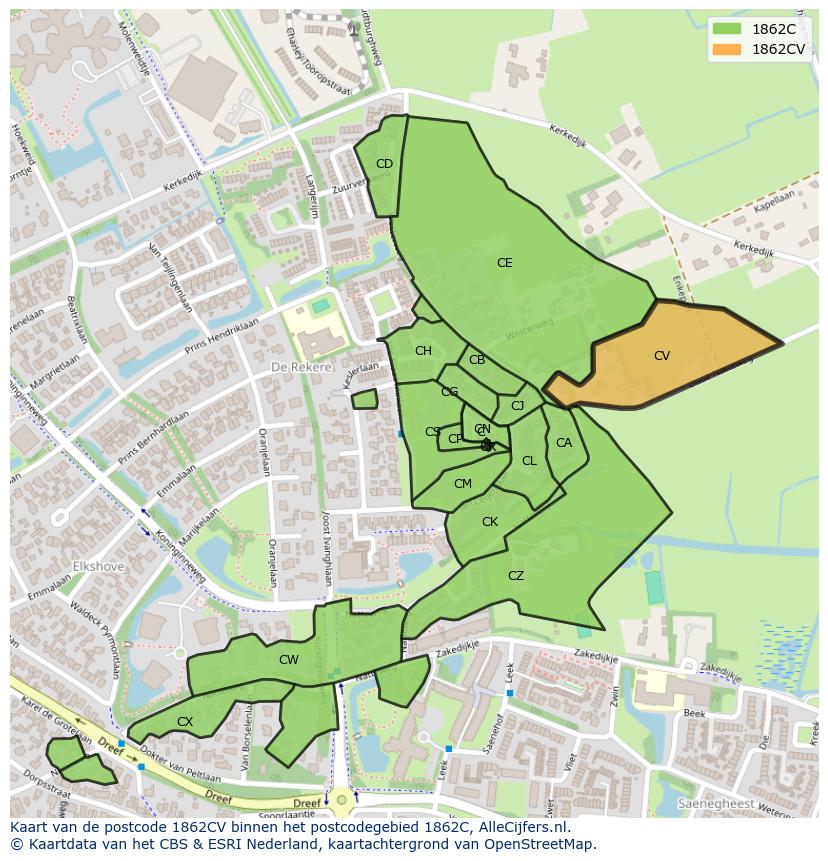 Afbeelding van het postcodegebied 1862 CV op de kaart.