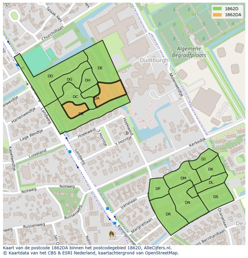 Afbeelding van het postcodegebied 1862 DA op de kaart.