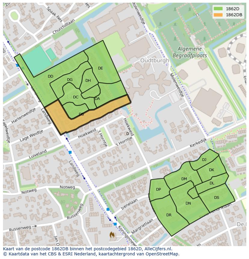 Afbeelding van het postcodegebied 1862 DB op de kaart.