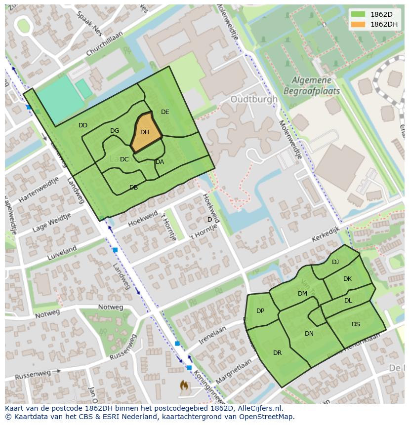 Afbeelding van het postcodegebied 1862 DH op de kaart.