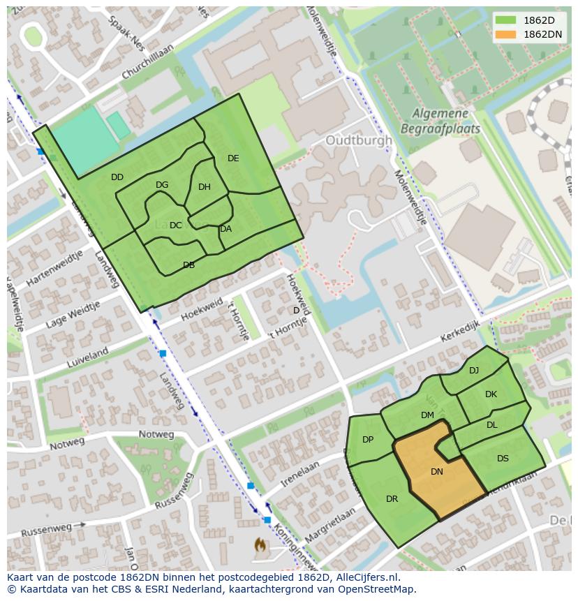 Afbeelding van het postcodegebied 1862 DN op de kaart.