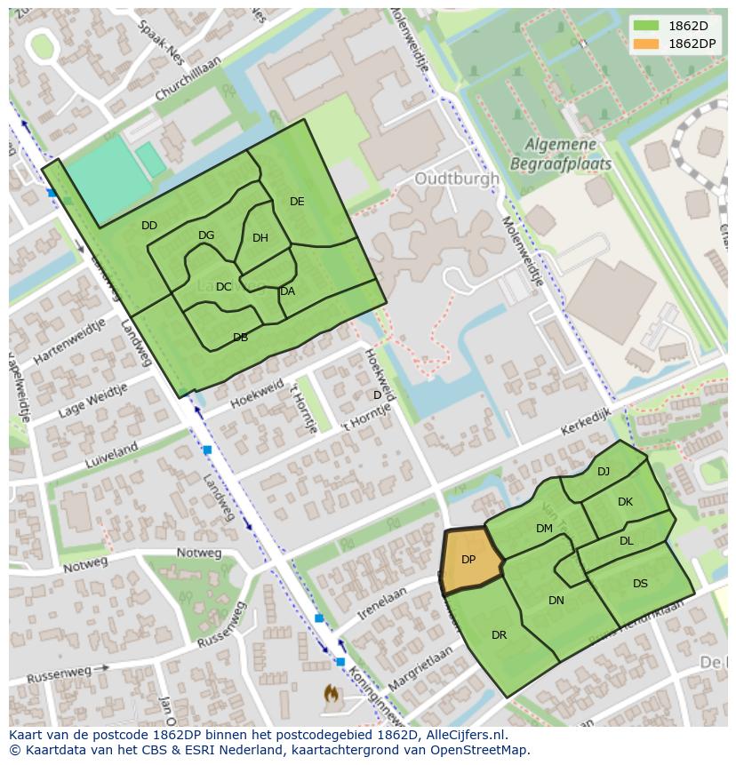 Afbeelding van het postcodegebied 1862 DP op de kaart.
