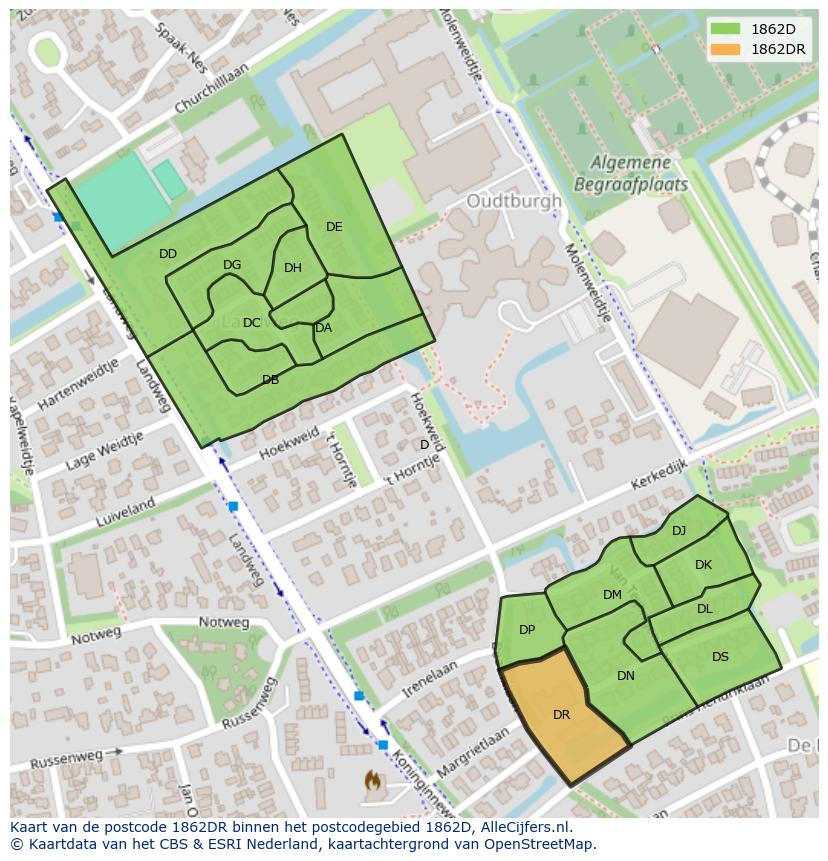 Afbeelding van het postcodegebied 1862 DR op de kaart.
