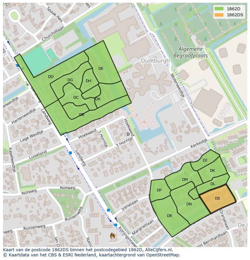 Afbeelding van het postcodegebied 1862 DS op de kaart.