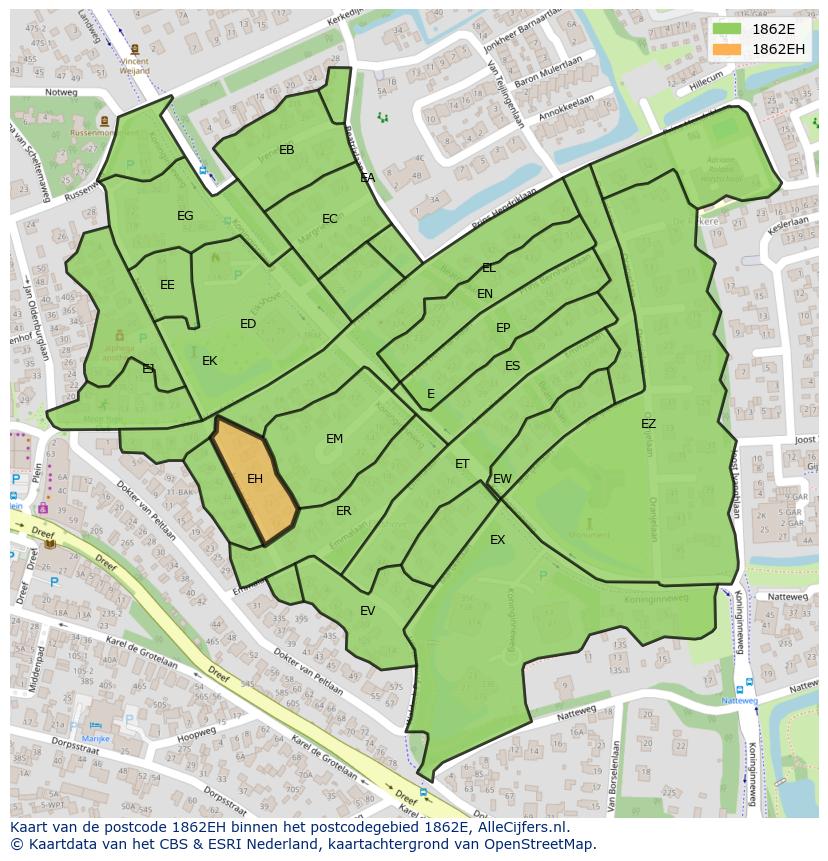 Afbeelding van het postcodegebied 1862 EH op de kaart.