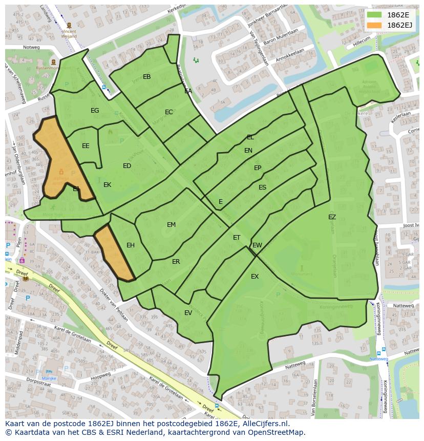 Afbeelding van het postcodegebied 1862 EJ op de kaart.