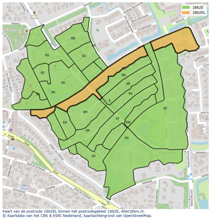 Afbeelding van het postcodegebied 1862 EL op de kaart.