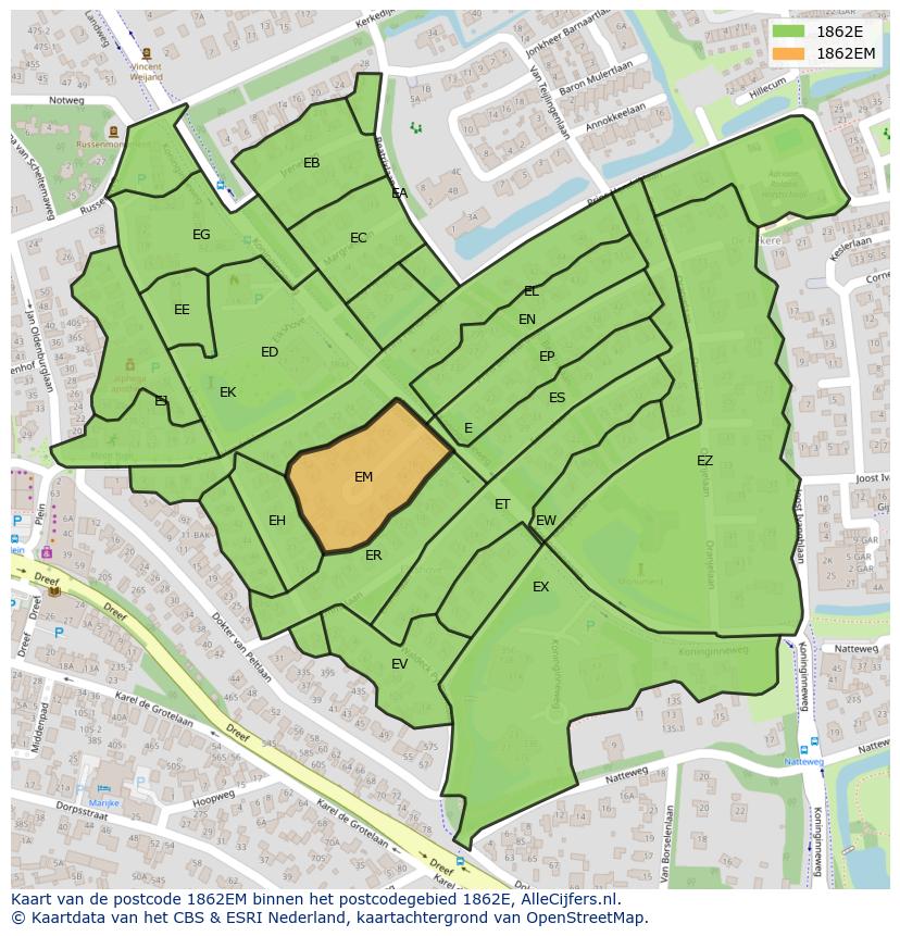 Afbeelding van het postcodegebied 1862 EM op de kaart.