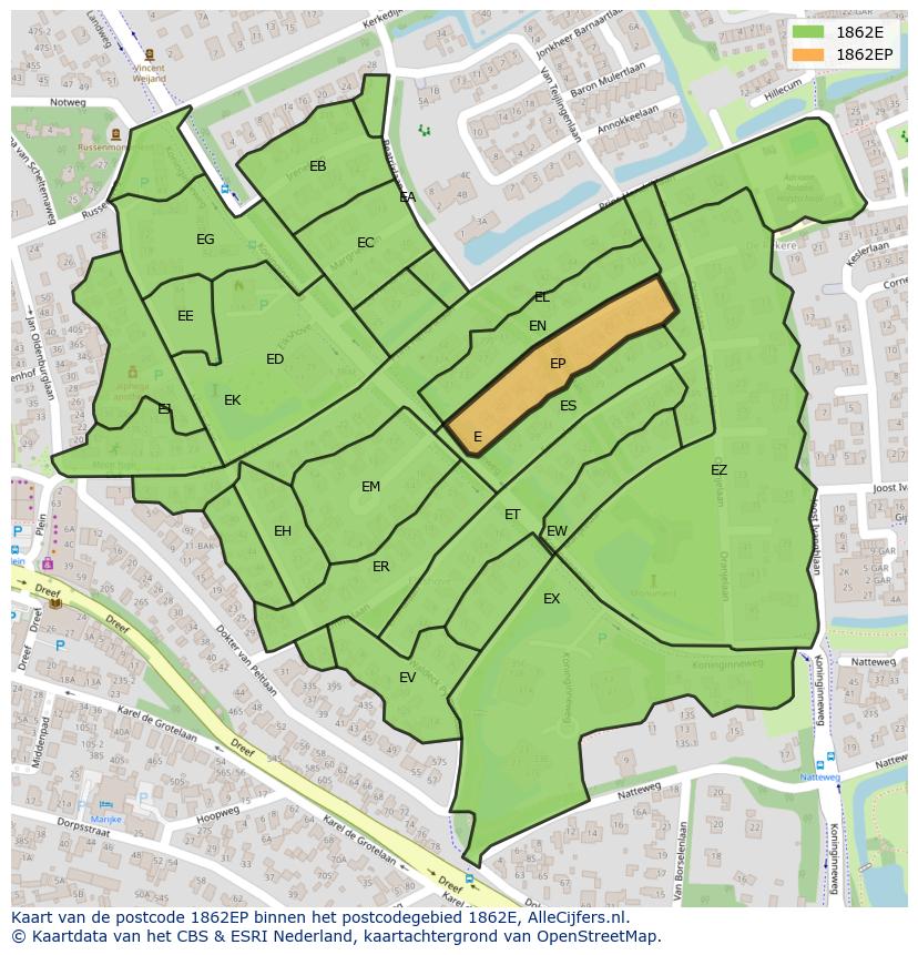 Afbeelding van het postcodegebied 1862 EP op de kaart.