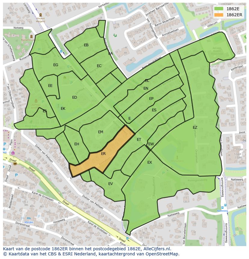 Afbeelding van het postcodegebied 1862 ER op de kaart.