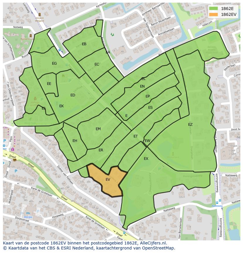 Afbeelding van het postcodegebied 1862 EV op de kaart.