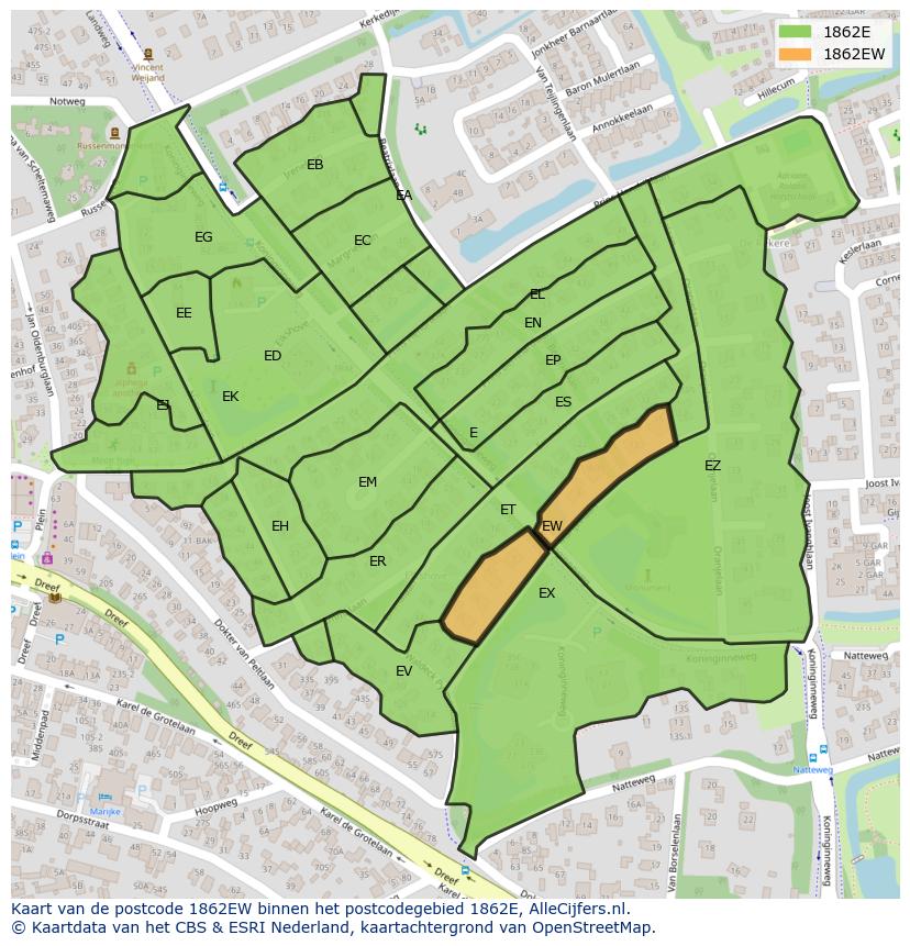 Afbeelding van het postcodegebied 1862 EW op de kaart.
