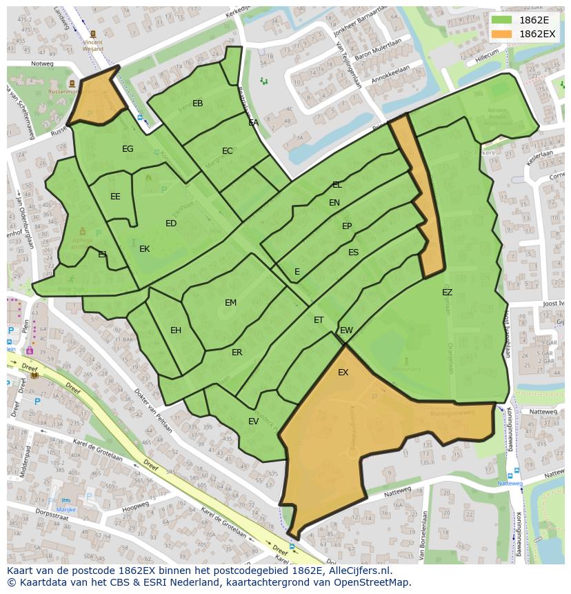 Afbeelding van het postcodegebied 1862 EX op de kaart.