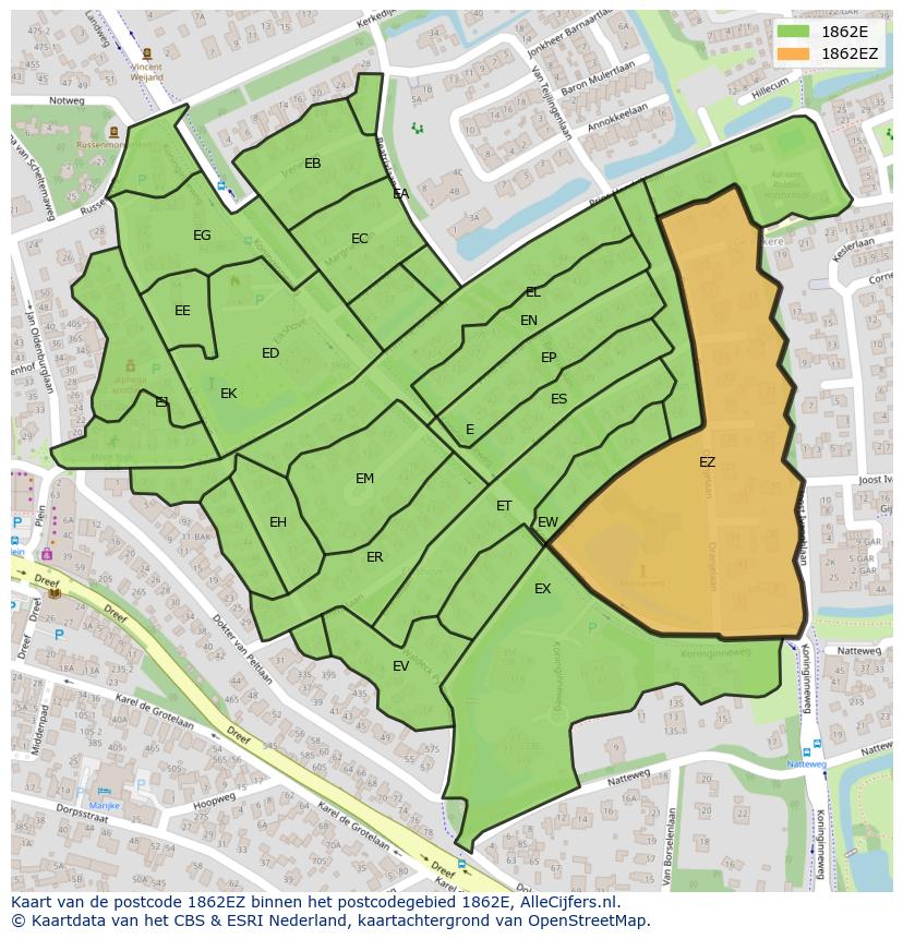 Afbeelding van het postcodegebied 1862 EZ op de kaart.