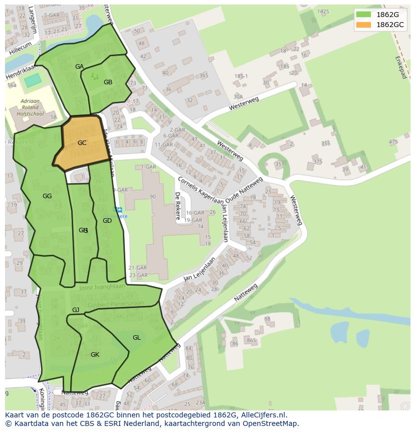 Afbeelding van het postcodegebied 1862 GC op de kaart.